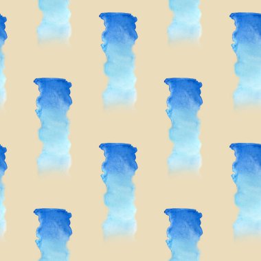 Mavi suluboya arka plan lekeleri. Duvar kâğıdı tasarımı, tekstil, kumaş dokusu için leke, leke, leke ve el çizimi ile kusursuz soyut bej desen