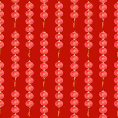 Çin 'in yeni yıl geçmişi. Yeni yıl süslemeleri, tatil ambalajları, duvar kağıtları, tekstil, kumaşlar için kırmızı ve altın rengi fenerlerle kusursuz suluboya deseni.