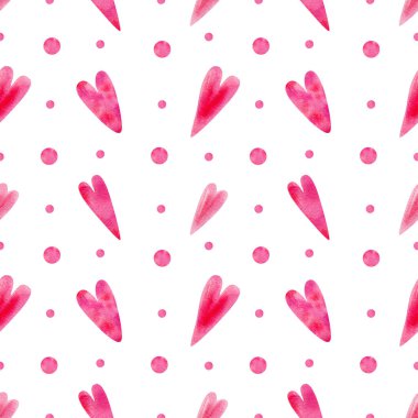 Pembe kalpler arka planı. Sevgililer günü ambalajı, duvar kâğıdı, tekstil, yapıştırma kitabı için güzel pembe kalplerin elle çizilmiş kusursuz suluboya deseni.