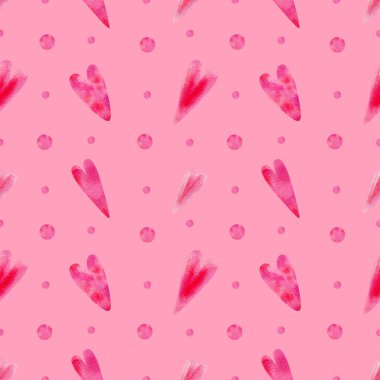 Pembe kalpler arka planı. Sevgililer günü ambalajı, duvar kâğıdı, tekstil, koleksiyon defteri için güzel pembe kalplerin elle çizilmiş kusursuz suluboya deseni.