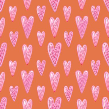 Pembe kalpler suluboya arka plan. Kusursuz el çizimi turuncu desenler, ambalaj kağıdı, tatil tekstili, duvar kağıtları, sevgililer günü baskıları, dekor