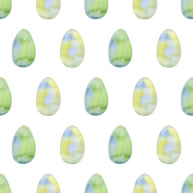 Paskalya yumurtaları. Yeşil, mavi ve sarı yumurtalı kusursuz suluboya desenli ambalaj kağıdı, duvar kağıdı, tatil tekstili