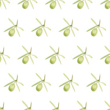 Kusursuz zeytin arka planı. Elle çizilmiş yeşil zeytin meyvesi ve kumaş, duvar kâğıdı ve ev yapımı tekstil yaprakları ile suluboya deseni