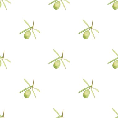 Kusursuz zeytin arka planı. Elle çizilmiş yeşil zeytin meyvesi ve kumaş ve duvar kağıtları için yapraklarla suluboya botanik deseni