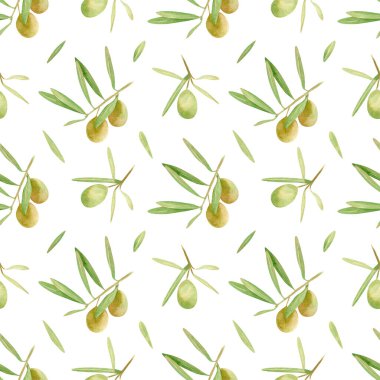 Kusursuz zeytin arka planı. Elle çizilmiş yeşil zeytin meyvelerinin suluboya desenleri, kumaş için yapraklı dallar, duvar kağıtları