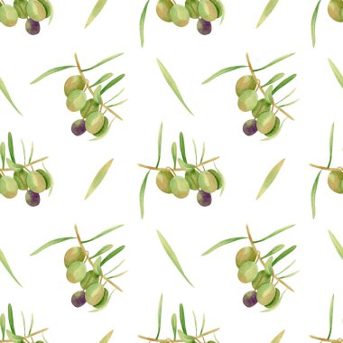 Kusursuz zeytin arka planı. Elle çizilmiş yeşil ve mor zeytin meyvelerinin suluboya desenleri ve kumaş, ev yapımı, çarşaf izleri için yapraklar.