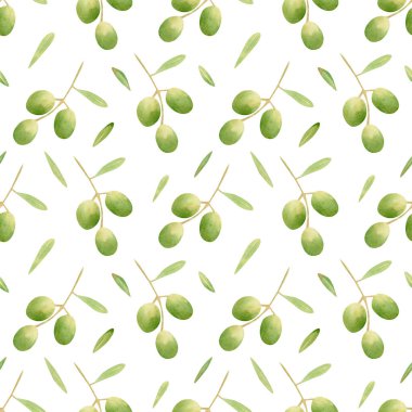 Kusursuz zeytin arka planı. Yeşil zeytin meyvesi resimli suluboya desenler ve kumaş, ev yapımı tekstil, yatak örtüsü dallarında yapraklar