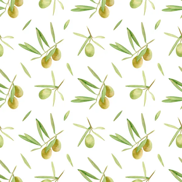 Kusursuz zeytin arka planı. Elle çizilmiş yeşil zeytin meyvelerinin suluboya desenleri, kumaş için yapraklı dallar, duvar kağıtları