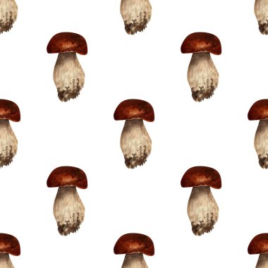 Kusursuz mantar mantarlı arka plan. Kahverengi sepet botanik resimli suluboya deseni, duvar kağıdı için yenilebilir boletus, ambalaj kağıdı, tekstil baskısı, dekor