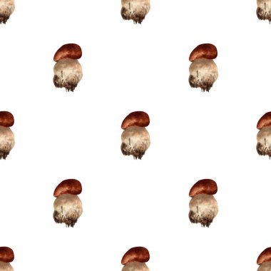 Kusursuz mantar mantarlı arka plan. Kahverengi sepet botanik resimli suluboya deseni, duvar kağıdı, ambalaj, kumaş, dekor için yenilebilir boletus