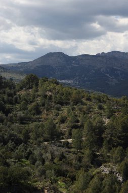 Fotoğraf, parçalı bulutlu bir gökyüzünün altında engebeli, kayalık tepeleri olan dağlık bir manzarayı gösteriyor. Dağlar ise dipdiri bir bitki (ler) ve hoş kokulu ağaçlarla kaplıdır. Ön planda..