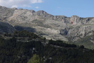 Fotoğraf, parçalı bulutlu bir gökyüzünün altında engebeli, kayalık tepeleri olan dağlık bir manzarayı gösteriyor. Dağlar ise dipdiri bir bitki (ler) ve hoş kokulu ağaçlarla kaplıdır. Ön planda..