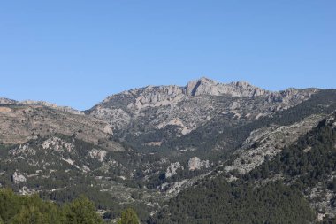 Fotoğraf, parçalı bulutlu bir gökyüzünün altında engebeli, kayalık tepeleri olan dağlık bir manzarayı gösteriyor. Dağlar ise dipdiri bir bitki (ler) ve hoş kokulu ağaçlarla kaplıdır. Ön planda..