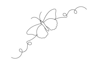 Kelebek, doğanın mantar vektör ikonunun tek çizgi çizimine devam eder.