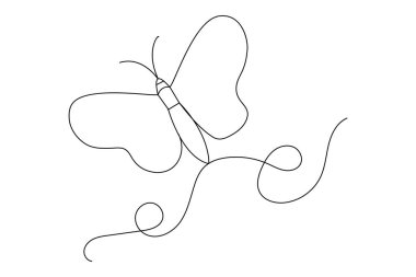 Kelebek, doğanın mantar vektör ikonunun tek çizgi çizimine devam eder.