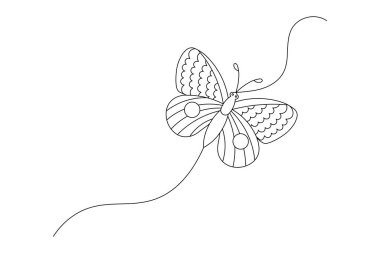 Kelebek, doğanın mantar vektör ikonunun tek çizgi çizimine devam eder.