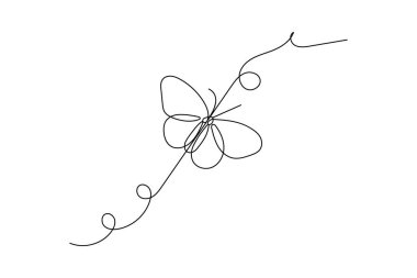 Kelebek, doğanın mantar vektör ikonunun tek çizgi çizimine devam eder.