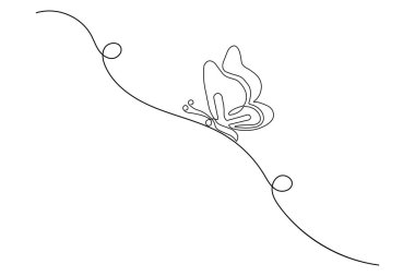 Kelebek, doğanın mantar vektör ikonunun tek çizgi çizimine devam eder.