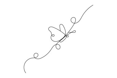 Kelebek, doğanın mantar vektör ikonunun tek çizgi çizimine devam eder.