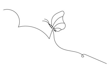 Kelebek, doğanın mantar vektör ikonunun tek çizgi çizimine devam eder.