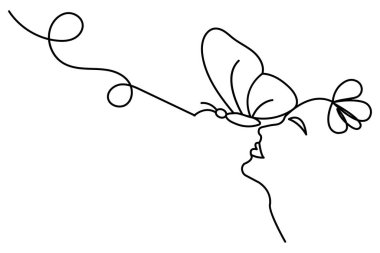 Kelebek, doğanın mantar vektör ikonunun tek çizgi çizimine devam eder.