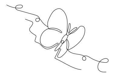 Kelebek, doğanın mantar vektör ikonunun tek çizgi çizimine devam eder.