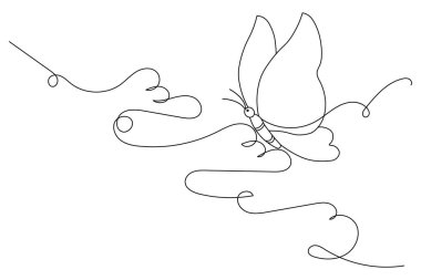 Kelebek, doğanın mantar vektör ikonunun tek çizgi çizimine devam eder.