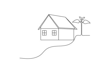 Ev aralıksız tek satırlık sanat kulübesi dekorasyon konsepti ana hatlı vektör çizimi