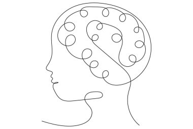 Beyaz arkaplan üzerinde Vektör çiziminin kesintisiz tek çizgi çizimi insan beyni