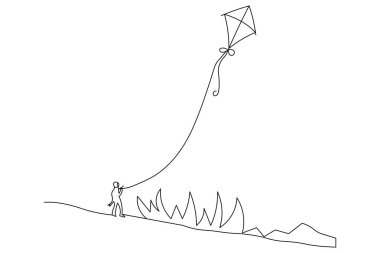 Gökyüzünde uçan uçurtma makas vektör çiziminin aralıksız tek çizgi çizimi