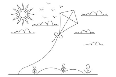 Gökyüzünde uçan uçurtma makas vektör çiziminin aralıksız tek çizgi çizimi
