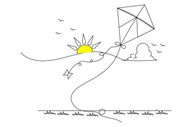 Gökyüzünde uçan uçurtma ana hatlı çizim çizgisi çizimi devam ediyor.