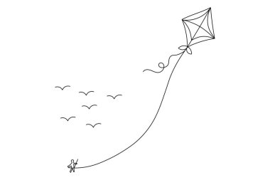 Gökyüzünde uçan uçurtma ana hatlı çizim çizgisi çizimi devam ediyor.