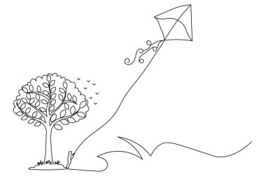 Gökyüzünde uçan uçurtma ana hatlı çizim çizgisi çizimi devam ediyor.