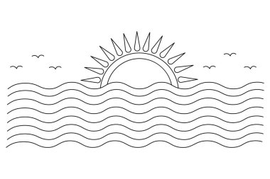 Günbatımları güzel ve tek çizgi sanatı ve izole edilmiş minimalist ana hatlı vektör simgesidir