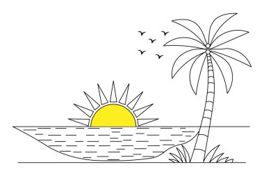 Günbatımları güzel ve tek çizgi sanatı ve izole edilmiş minimalist ana hatlı vektör simgesidir