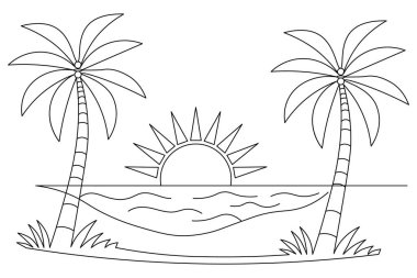 Günbatımları güzel ve tek çizgi sanatı ve izole edilmiş minimalist ana hatlı vektör simgesidir