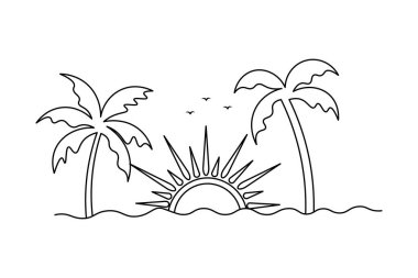 Sunset tek satır sanatı izole edilmiş dış hat vektör simgesinin sürekli bir çizgi çizimi