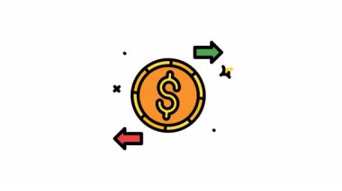 Nakit akışı, dolar işareti ve ters yönlerdeki okların animasyonuyla gösteriliyor. Alfa kanalı, finansal dengesizliği, yatırım kararlarını, ekonomik belirsizliği temsil ediyor. Finans tasarımları için ideal