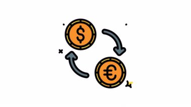 Animasyon parası ve Euro bozuk para değiş tokuşu okları. Alfa kanalı, finans kavramları, döviz kurları, yatırım tavsiyeleri, döviz platformları için ideal