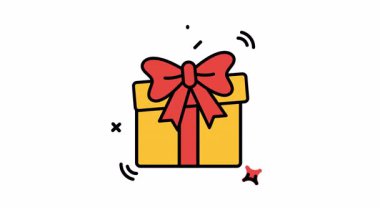 Kırmızı fiyonklu ve tek kurdeleli animasyon sarı hediye kutusu, doğum günü, Noel veya herhangi özel bir paket tasarımı için mükemmel.