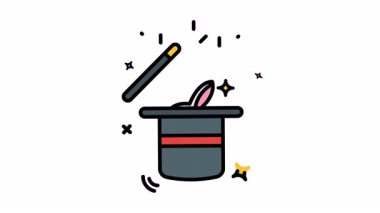 Animasyon beyaz tavşan, siyah silindir şapka, sihirli değnek, yıldızlar, Paskalya veya sihirli temalı tasarımlar, davetiyeler, posterler, çocuk kitapları için ideal.