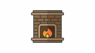 İçinde yanan bir ateş olan tuğla şömine animasyonu. Konforlu ev, kış atmosferi, tatil süslemeleri, sıcak ortam, Noel kutlaması