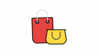 Animasyon kırmızı ve sarı alışveriş torbaları birlikte perakende alışverişi, promosyon, satış, tüketim, hediyeler, tatiller ve çevrimiçi alışveriş kavramlarını sembolize eder