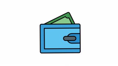 Finansal kavramlar, bütçe, tasarruf, alışveriş, kişisel finans ve servet yönetimi tasarımları için mükemmel, dışarı sarkan yeşil para dolu animasyon mavi cüzdan