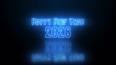 Neon Blue New Year 2026, yumuşak zemin yansıması, modern bayrak ya da duvar kağıdıyla karanlık bir sahnede parlıyor. 4K video
