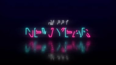 Cyan ve morla aydınlık neon renkli yeni yıl, yumuşak yansımalarla parıltılı, karanlık bir zeminde parlıyordu. 4K video