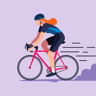 Yol bisikleti süren kasklı genç bir bisikletçi.