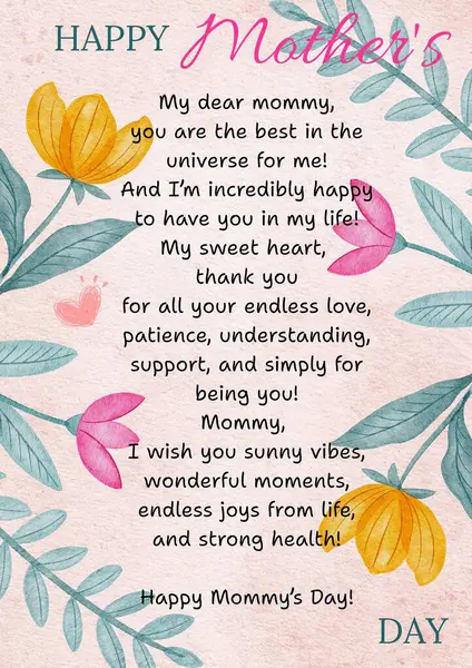 Çiçekli anneler günü kartı ve sıcak bir mesaj. Yumuşak desenli arka planda pembe, sarı ve yeşil botanik unsurları olan anne için basılabilir tebrik kartı. Sevgi ve takdiri ifade etmek için mükemmel..