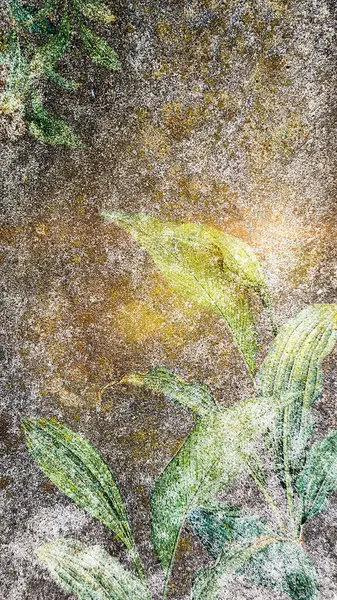 Topraksı kahverengi, sarı ve yeşil tonlarda soluk yeşil yaprak boyalı klasik grunge duvar dokusu. Bitkisel elementlerle yıpranmış sanatsal arkaplan.